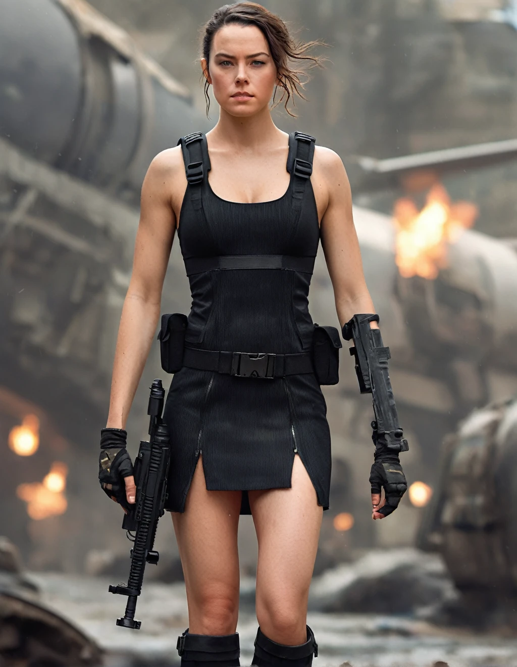 a (full height:1.3) digital painting of (ohwx woman:1.1)  as a female black dress special ops solider, ohwx, Medium length hair, styled into big, voluminous waves., cinematic lighting, epic, inspiring, hdr, black dress