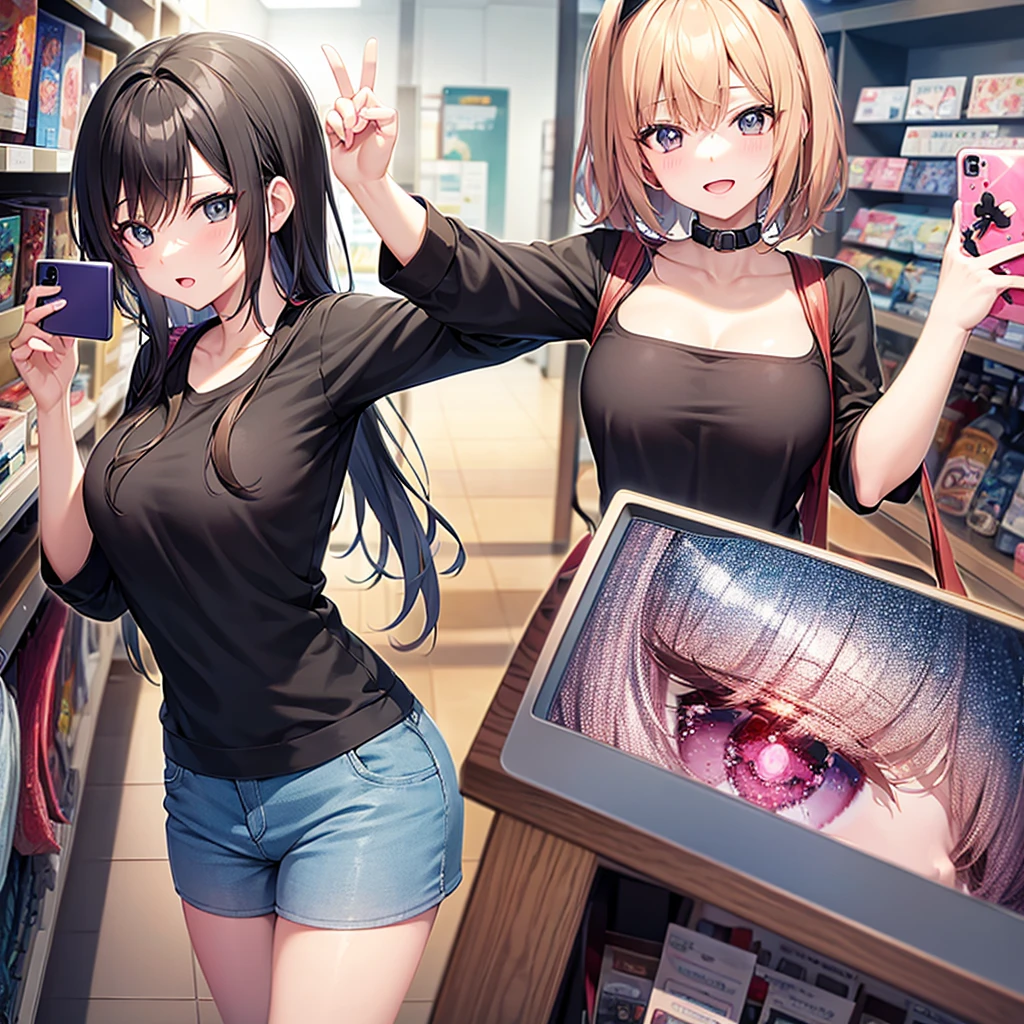 An anime girl taking a selfie with a fisheye filter while in a store 