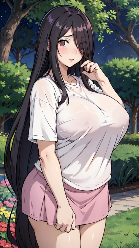 Cute mommy, mature women, realistic skin,perfect ,black hair, long hair, (hair over one eye:1.4), messy hair, hair between eyes, oversize shirt,pink mini skirt, chubby,plump,fat,pucker lips,cute shy blush on,garden, under tree,night 