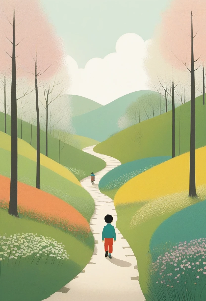 In the style of Ryo Takemasa and Alessandro Gottardo, Minimalism，spring，Colorful woods and winding paths，Happy ??? back view