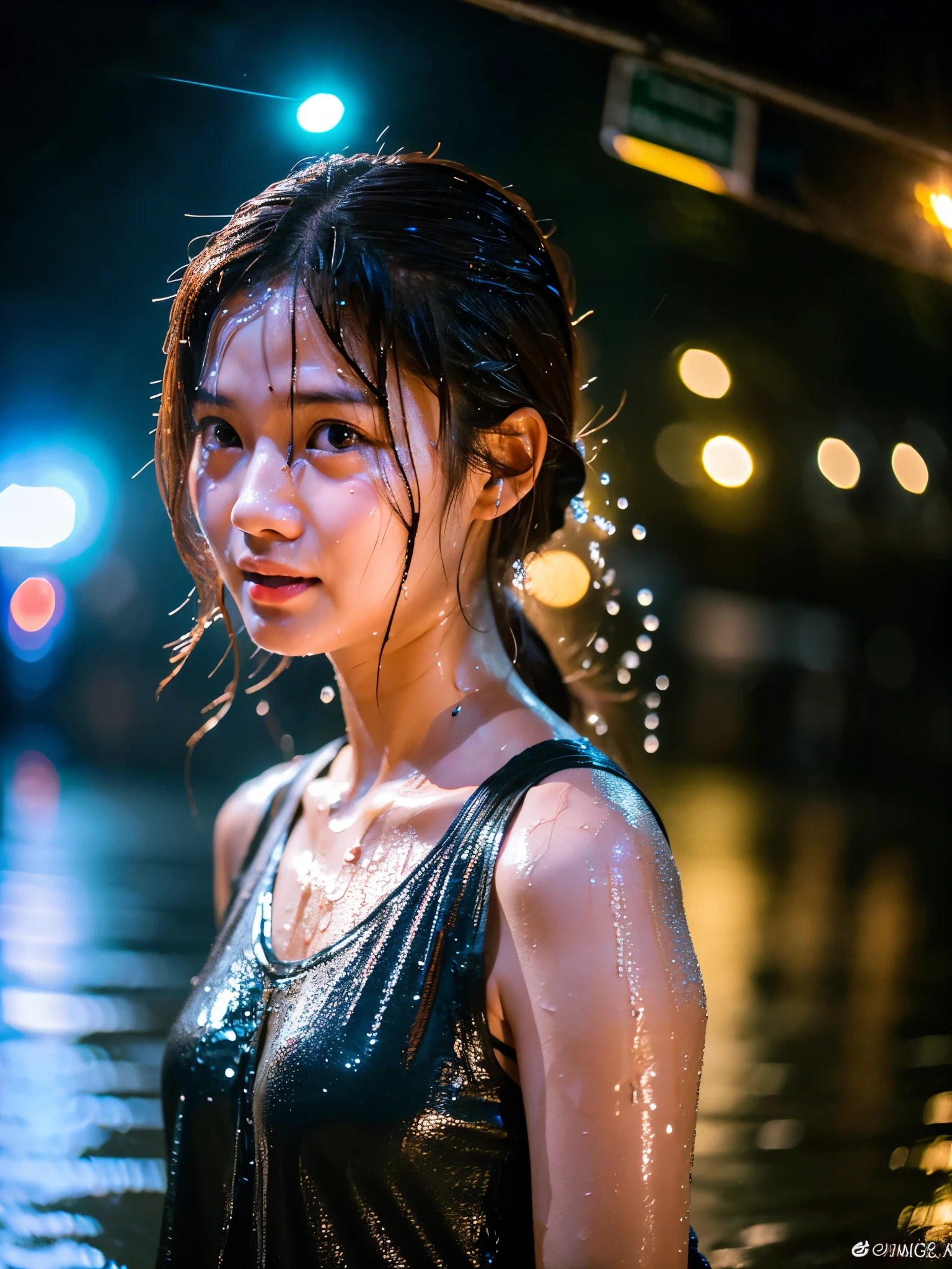 songkran,Wet roads , soaked through,drenched, Dripping, Wet Face,Wet clothes, Wet Skin, Wet Hair,A young woman with a cute face like an idol,chest,(evening),(Cinema lighting),(High level of artistry),RAW Photos,Genuine,Genuine,High resolution,RAW Photos,masterpiece, beautiful