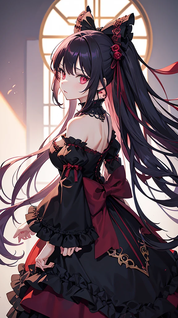 Create an anime-style character design of a gothic lolita woman with long, wavy pastel-violet hair and piercing red eyes. She is wearing an elaborate black and red dress with intricate lace details, ribbons, and layered skirts. The front of the dress is adorned with a silver brooch and small red bows, and the back features a large red bow with black accents. She has black high-heeled shoes with ankle straps and small red bows. The overall style is dark and elegant with a touch of fantasy.