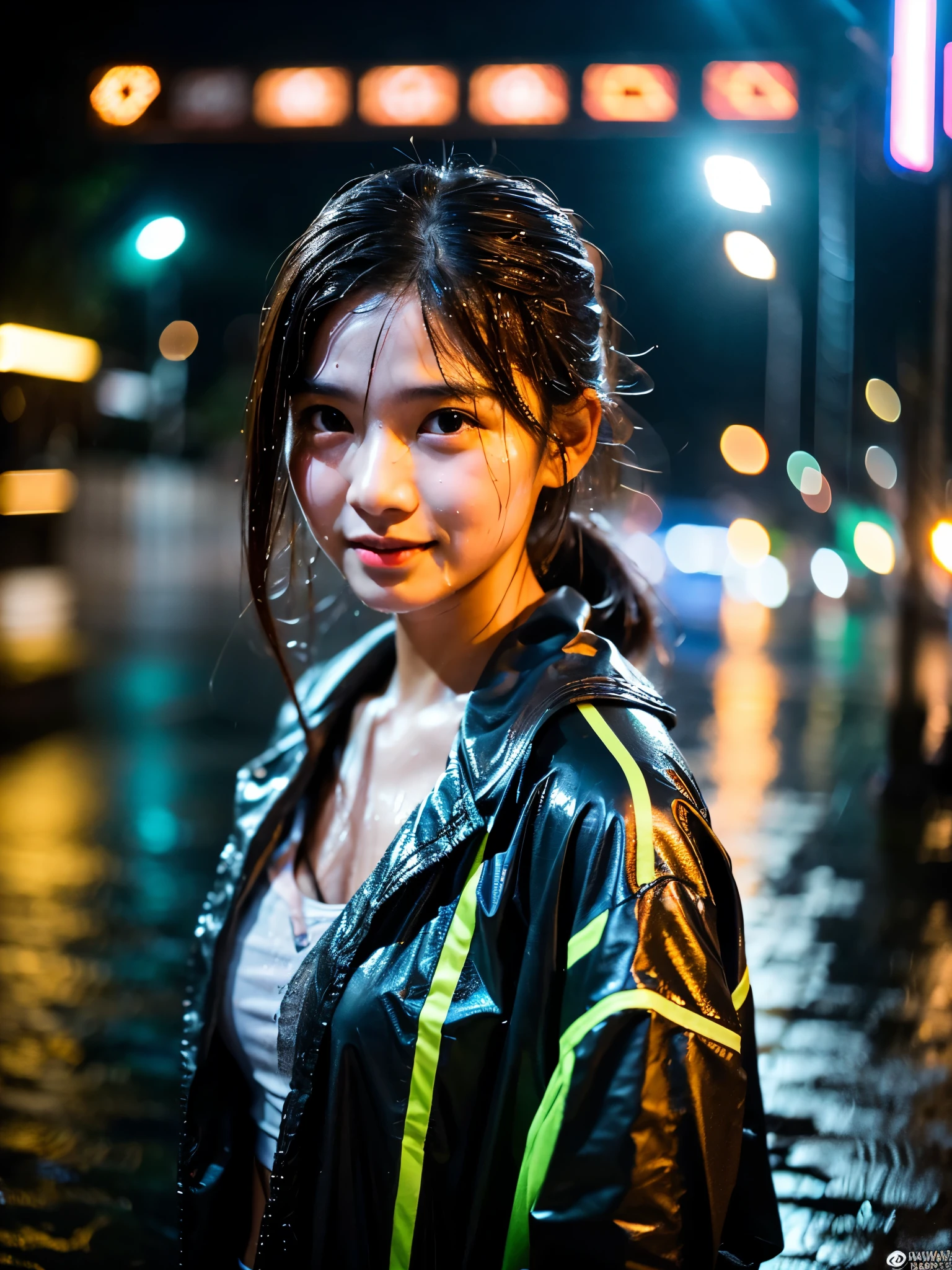 songkran,Wet roads , soaked through,drenched, Dripping, Wet Face,Wet clothes, Wet Skin, Wet Hair,A young woman with a cute face like an idol,chest,(evening),(Cinema lighting),(High level of artistry),RAW Photos,Genuine,Genuine,High resolution,RAW Photos,masterpiece, beautiful