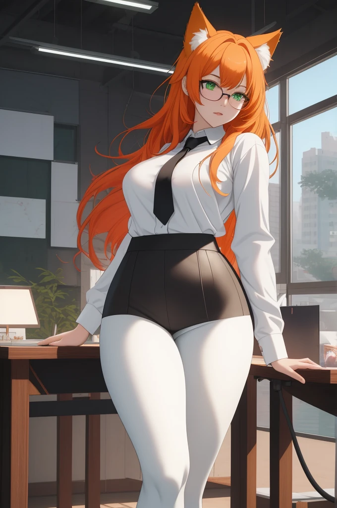 (masterpiece, Best quality), 8K, ultra detailed, realistic photo, Detailed face, perfect lighting, green eyes, bright orange hair, bright hair, fox ears, nice legs, side photo, beautiful, Cute, skin pores, 1 girl, perfect shirt, fully dressed, beautiful women 30 years old, Beautiful proportions, Russian woman, Caucasian, European, Business lady, stunningly beautiful woman, mother, thick legs, show ass, big breasts, (Thin white shirt:1.4), thick, hot, (White Office Wear:1.4), tight pants, (wide hips:1.2), thick, (white Office pants:1.3), spread your legs, Legs open, full length, wide hips, Glasses, with long orange hair, standing on the beach near the ocean, green eyes detailed digital anime art, cat ear, anime girl with long hair, гладкое аниме cg art, anime girl with long hair, digital anime art, work in Guweiz style, Beautiful anime portrait, Photorealistic render of an anime girl, pantyhose, Beautiful anime girl, advanced digital anime art, guweiz на artstation pixiv HD UHD HQ