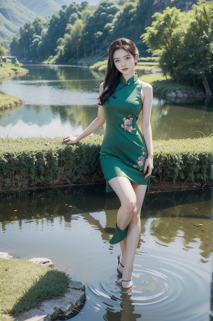 (((best quality))),(((ultra detailed))),(((masterpiece))),illustration,1 beautiful girl,slim,flat chest,short red qipao,bare arms,slender legs,pantyhose,green paddy pool,standing,in water,elegant, high heels, clear sky, sunlight, dreamy, contrast, natural,Chinese rural landscape,The upper body above the chest is above the water surface,