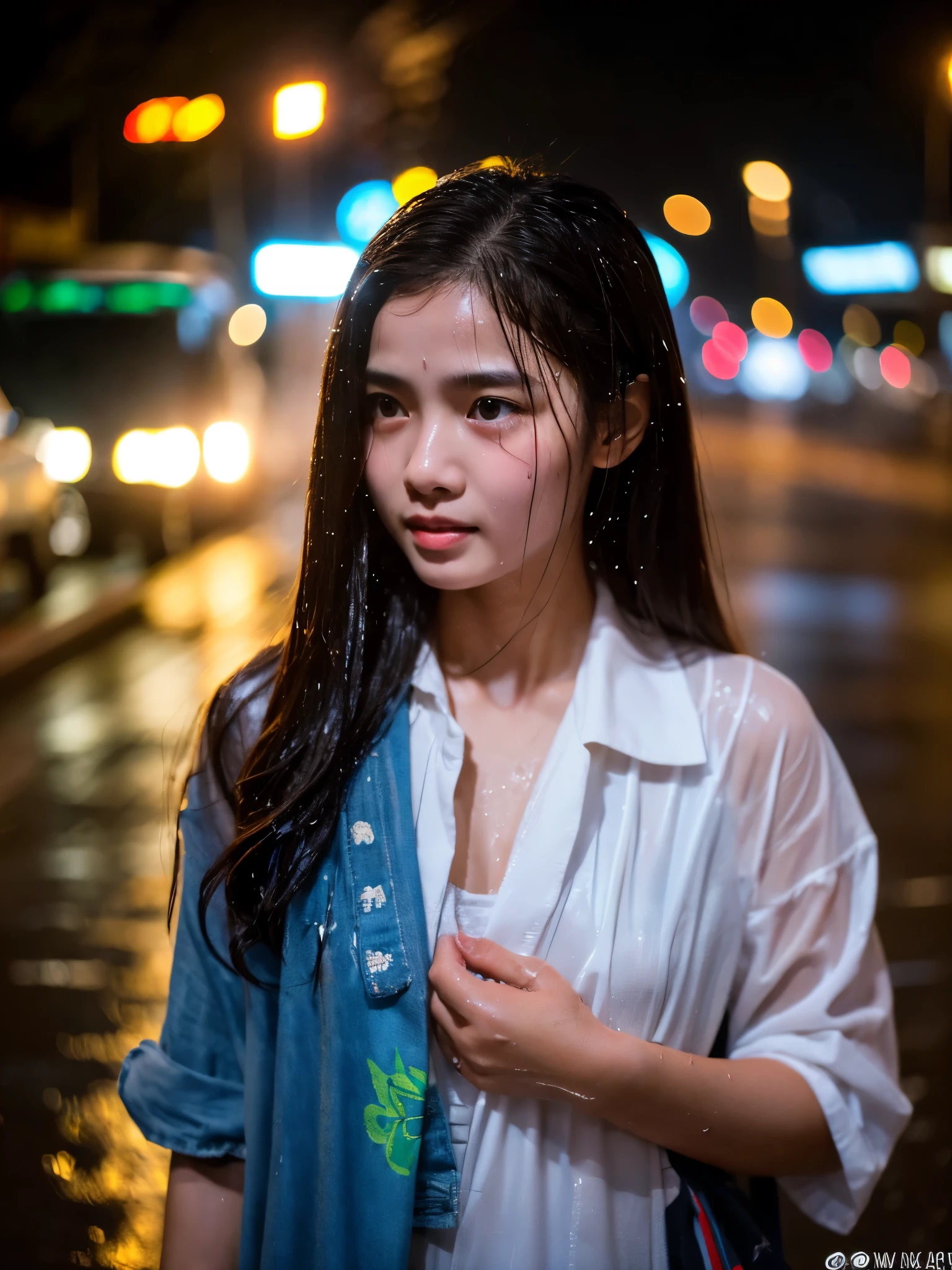 songkran,Wet roads , soaked through,drenched, Dripping, Wet Face,Wet clothes, Wet Skin, Wet Hair,A young woman with a cute face like an idol,chest,(evening),(Cinema lighting),(High level of artistry),RAW Photos,Genuine,Genuine,High resolution,RAW Photos,masterpiece, beautiful