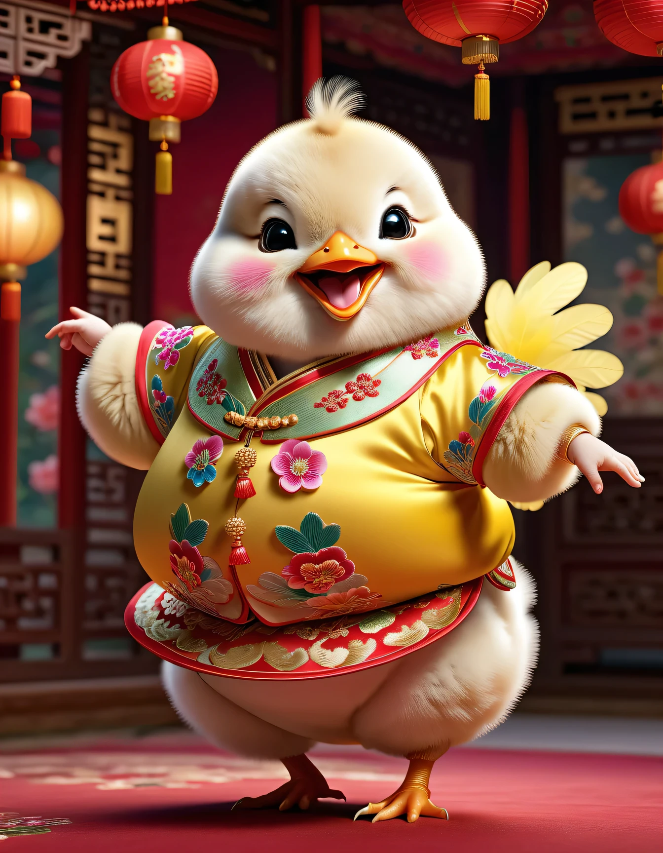 photorealistic portrait of Dressed animals - a ((fat)) (()) dancer,(furry), (dynamic dancing:2.0), (swinging arms :2.0),(happy smile:1.5),high quality,(happy),(lovely) ,intricate details, (accessories), highly detailed (( Cheongsam)) ,highly detailed decorations of clothes, Wearing Cheongsams, , (happy), soft lighting,(full body image:1.5),Chinese palace background,(viewed from side:2.0),