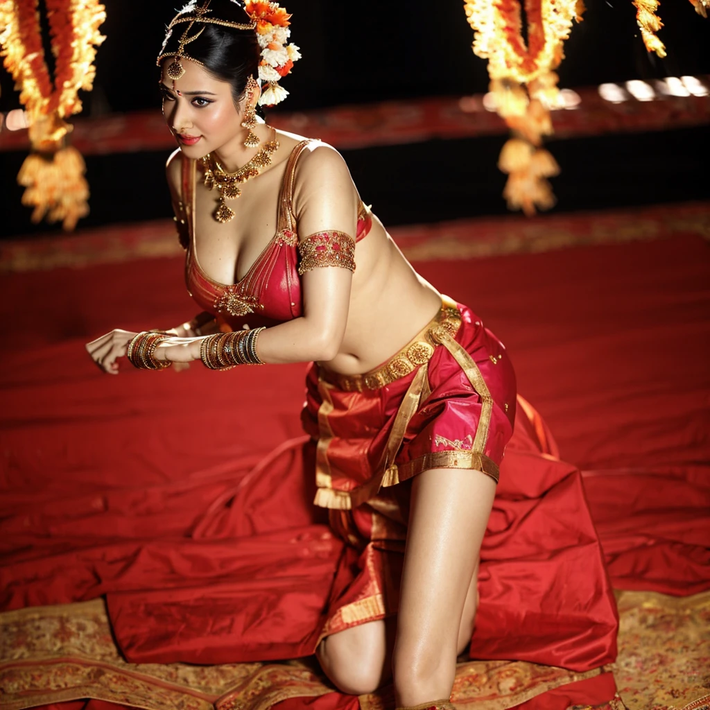 (masterpiece, best quality:1.2), 1girl, solo, Indian folk dress, traditional dress , full body , big  , deep cleavage , naval , nude