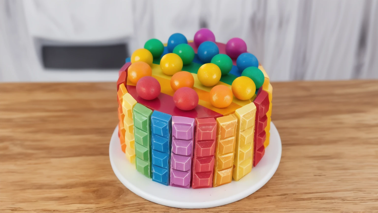 on a wooden table, on a white porcelain plate, a tiny cake, the walls of the cake are made of multi-colored chocolate bars, on top are multi-colored cream stripes, multi-colored candies in the form of balls, realistic texture, realistic style, detailed texture, high quality, high resolution, high quality rendering, realistic photo, brightning light, macro photo, ultra hd 4k