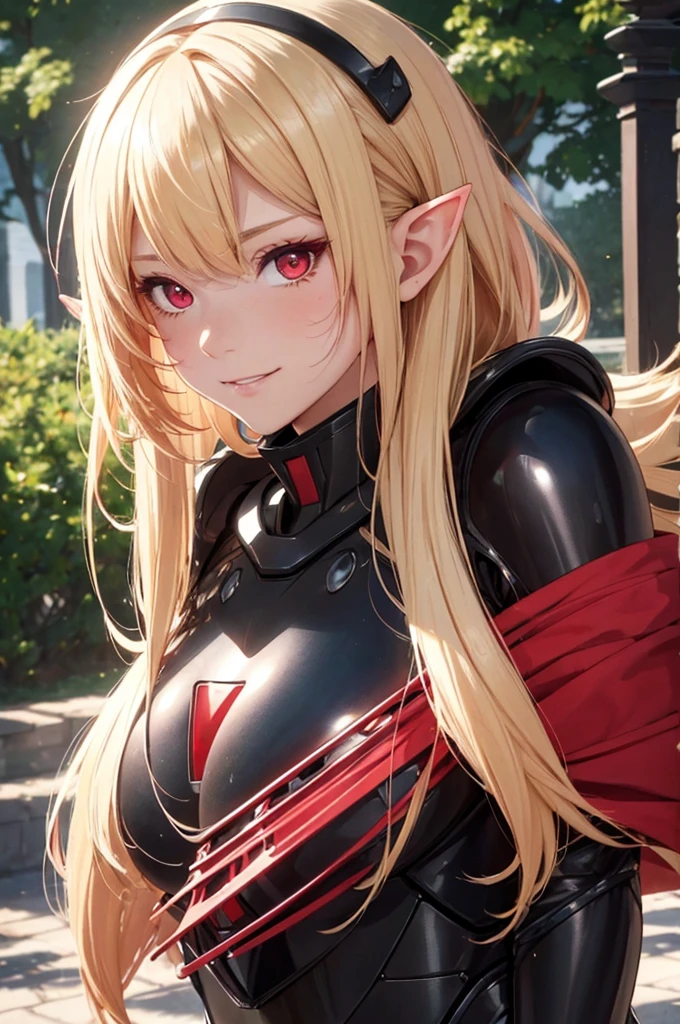 1girl, 独奏, ((portrait:1.4)), Detailed caricature, Young Caucasian girl with red eyes, elf, elf ears, (((blond girl))), (blonde short hair), (((burgundy messy ends of hair))), (red eyes):1.3, (scarlet slanted red eyes, tsurime), whole body, high quality, It is high resolution.8K, (Well designed body), Amazing body, Beautiful Eyes, Super detailed Ultra Elistar, oily skin, shinny skin, ((black battle suit)), outdoor, sunshine, ((amazing shadow)), smug smile