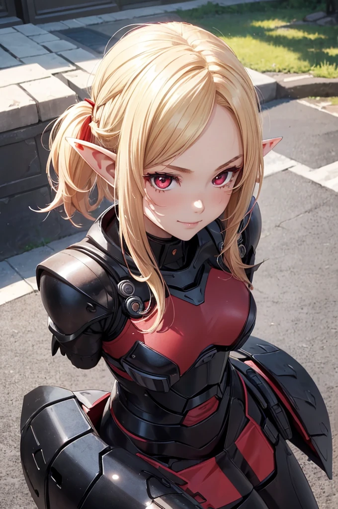 1girl, 独奏, ((portrait:1.4)), Detailed caricature, Young Caucasian girl with red eyes, elf, elf ears, (((blond girl))), (blonde short hair), (((burgundy messy ends of hair))), (red eyes):1.3, (scarlet slanted red eyes, tsurime), whole body, high quality, It is high resolution.8K, (Well designed body), Amazing body, Beautiful Eyes, Super detailed Ultra Elistar, oily skin, shinny skin, ((black battle suit)), outdoor, sunshine, ((amazing shadow)), smug smile