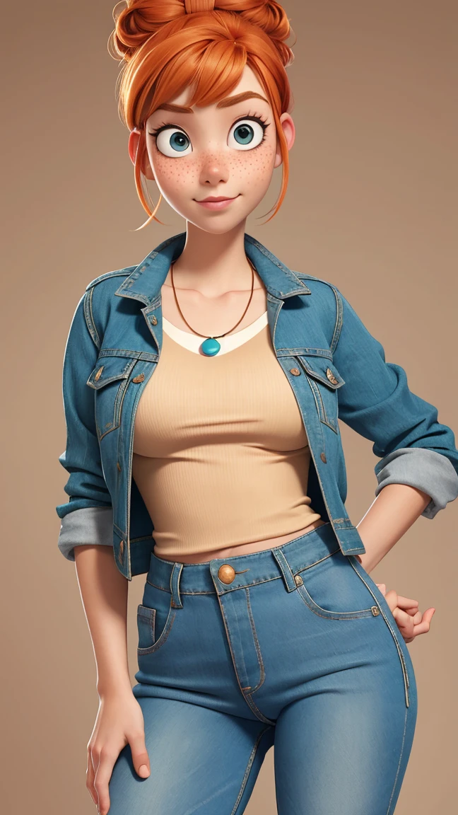 1girl, ginger hair in a bun, brown eyes, slight smirk, freckles on cheeks, west African lady , 19 years old ,thin eyebrows, blue necklace with a bow, teal jacket, pale skin, standing, cartoon, (pixar:1.2), Lucy Wilde, long nose, bangs, tight short jeans,full body view, wide hips, huge breasts, tight top, camel toe, large breasts, huge breasts, camel toe, wide hips,  dark skinned 