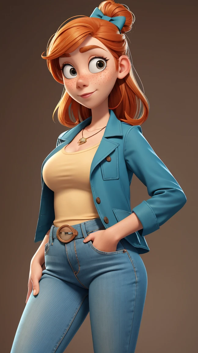 1girl, ginger hair in a bun, brown eyes, slight smirk, freckles on cheeks, west African lady , 19 years old ,thin eyebrows, blue necklace with a bow, teal jacket, pale skin, standing, cartoon, (pixar:1.2), Lucy Wilde, long nose, bangs, tight short jeans,full body view, wide hips, huge breasts, tight top, camel toe, large breasts, huge breasts, camel toe, wide hips,  dark skinned 