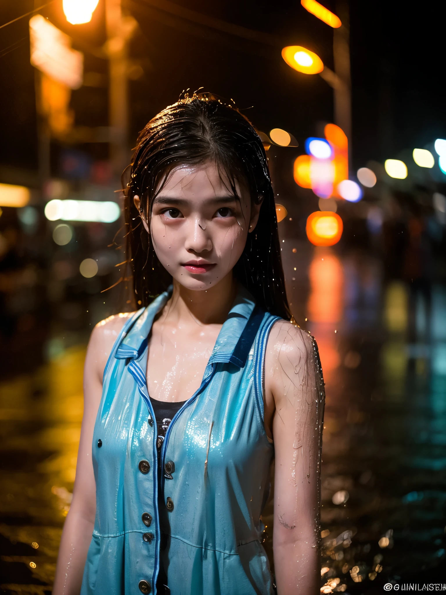 songkran,Wet roads , soaked through,drenched, Dripping, Wet Face,Wet clothes, Wet Skin, Wet Hair,A young woman with a cute face like an idol,chest,((evening)),(Cinema lighting),(High level of artistry),RAW Photos,Genuine,Genuine,High resolution,RAW Photos,masterpiece, beautiful