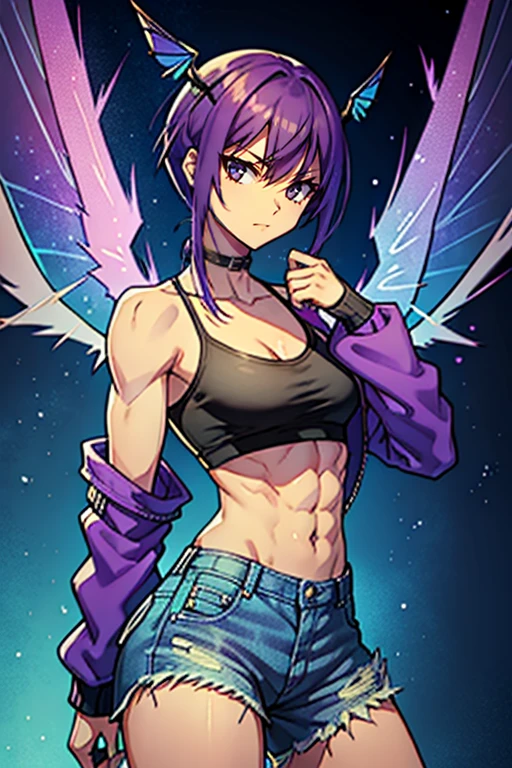 Beelzebub muscular woman with shoulder-length purple and blue punk hair with fly wings with four arms, two at normal height and two below the ribs and with a glass belly full of blue and purple plasma and wearing black jeans boots purples a white top and a blue denim jacket