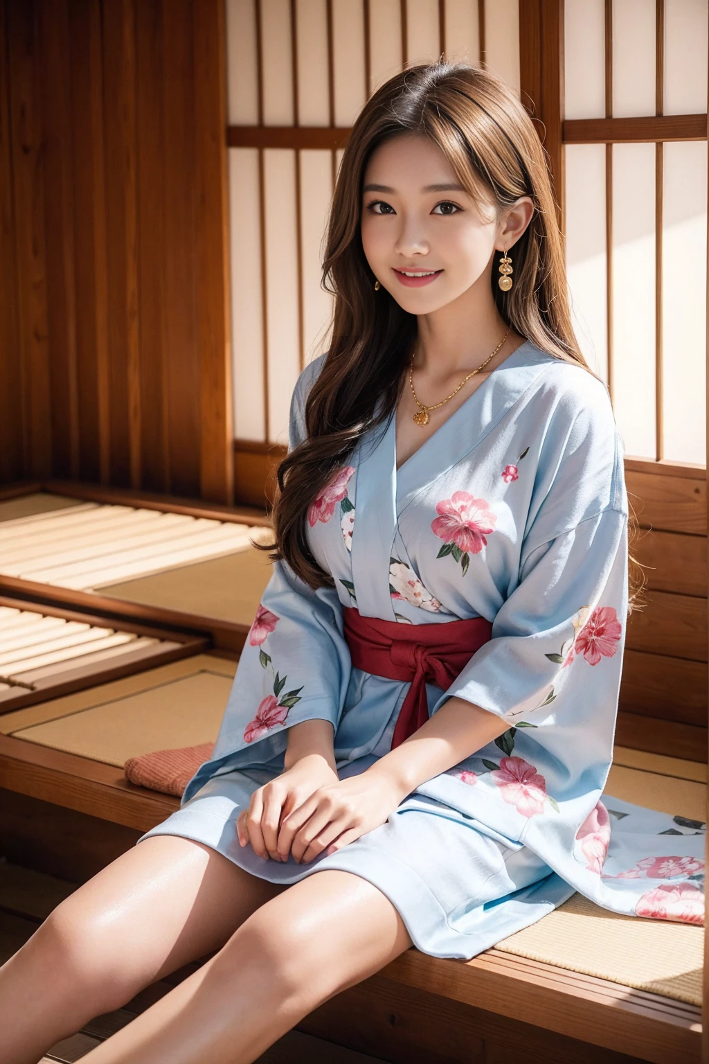 Highest quality,8K, Detailed facial depiction, Detailed description of the eyes,One Woman, Light brown hair(Medium-long hair),Beautiful Japanese Girl,24-years-old,Cute eyes,Cute Smile,Yukata beauty,Golden floral yukata,Slender body, Large, plump breast size, Long and beautiful legs,Smiling, Colorful earrings,necklace,Are standing,Beautiful nape,Japan tatami room,Sitting upright,Dry landscape garden,wind chimes