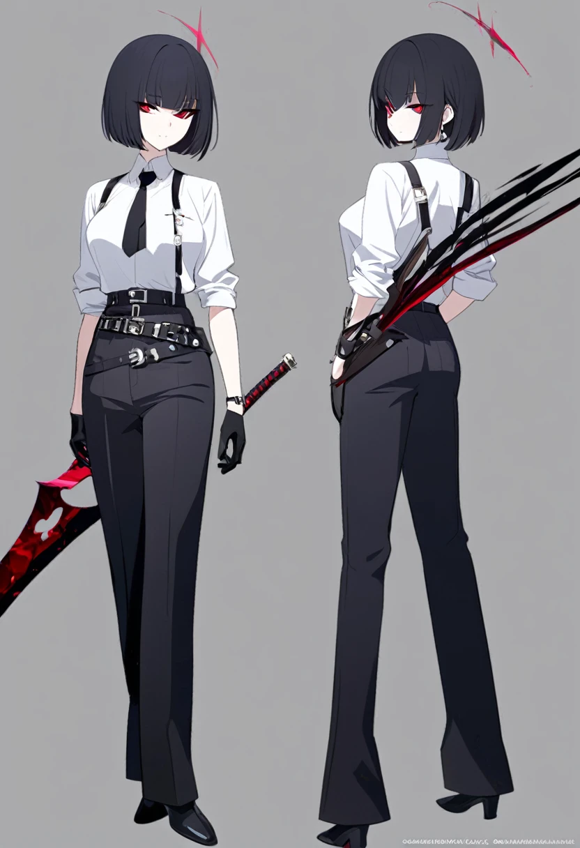 One woman,Dynamic,whole body,Are standing,mysterious,Concept Art,Character Design,Jet black straight hair,The bangs are trimmed to accentuate the eyes.,Well-proportioned face,Sharp Eyes,White shirt,Black tie,Black slacks,Silver cufflinks on the left hand,On the ring finger of her right hand she wears a simple silver ring.。Luxury watches,Black leather shoes,beltでウエストラインを強調,Stylish,Red eyes,belt,Stylish,Simple background gray,Details,Okabo Hair,Half-open eyes,Cool appearance,,Black gloves,Short Hair,Narrow eyes,Accentuated body lines,Has a sword on his waist,