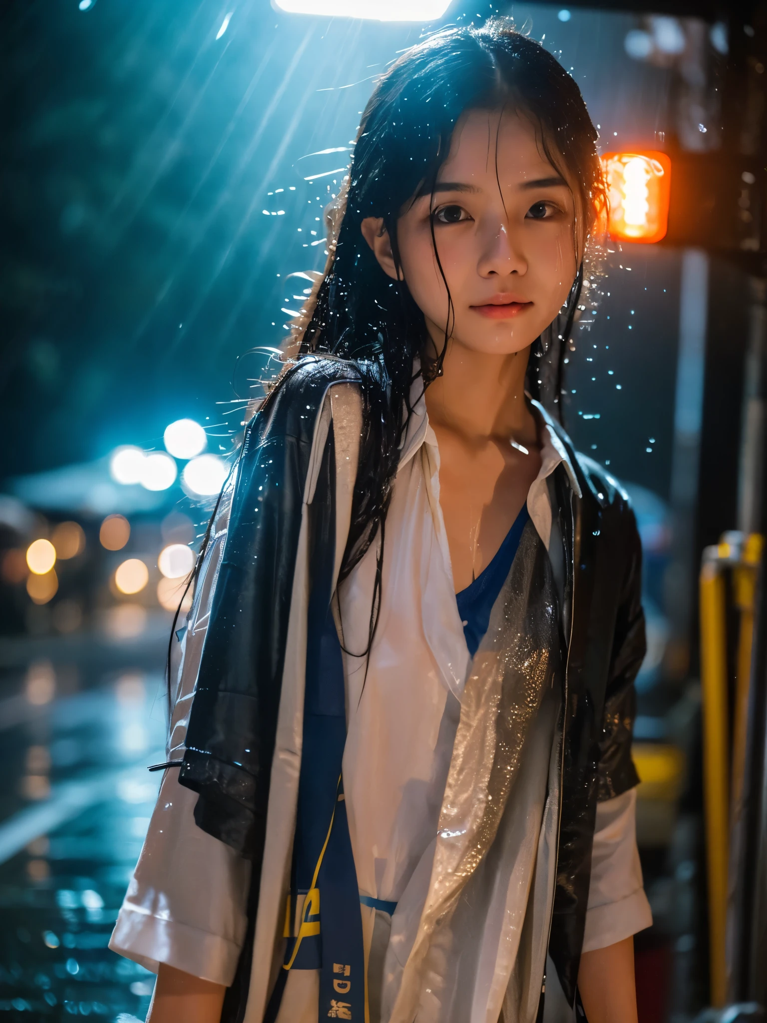 songkran,Wet roads , soaked through,drenched, Dripping, Wet Face,Wet clothes, Wet Skin, Wet Hair,A young woman with a cute face like an idol,chest,((Daytime)),(Cinema lighting),(High level of artistry),RAW Photos,Genuine,Genuine,High resolution,RAW Photos,masterpiece, beautiful
