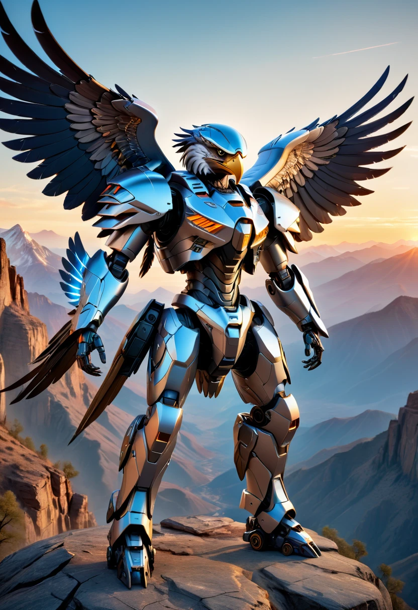 **Image Prompt:** "A futuristic Apache warrior, clad in a sleek mecha suit, stands proudly on a mountain cliffside, with a majestic eagle drone perched on his shoulder. The mecha's metallic body is adorned with intricate details and glowing blue accents, while the eagle drone's wings are spread wide, as if ready to take flight. The background is a stunning mountain range, with rugged peaks and valleys stretching out as far as the eye can see. The lighting is dramatic, with the warm glow of the setting sun casting long shadows across the landscape. The bokeh effect is subtle, with a soft focus on the mecha and the eagle drone, while the background is blurred, creating a sense of depth and dimensionality. The overall effect is one of hyper-realism, with every detail meticulously rendered in high-definition." **Image Specifications:** * Resolution: 3840x2160 pixels (4K) * Color Palette: Metallic blues and silvers, with warm earth tones and pops of bright colors from the mecha's details and the eagle drone's feathers * Style: Hyper-realistic, futuristic, and dramatic * Composition: The Apache warrior is centered in the frame, with the mountain cliffside stretching out behind him * Lighting: Dramatic, with a focus on the warm glow of the setting sun * Mood: Powerful, majestic, and awe-inspiring * Camera: DSLR camera with a wide-angle lens, capturing the stunning vista of the mountain range in the background This image prompt combines the rich cultural heritage of the Apache people with the futuristic design of a mecha suit and the majestic beauty of an eagle drone. The result is a hyper-realistic image that is both visually stunning and emotionally impactful.