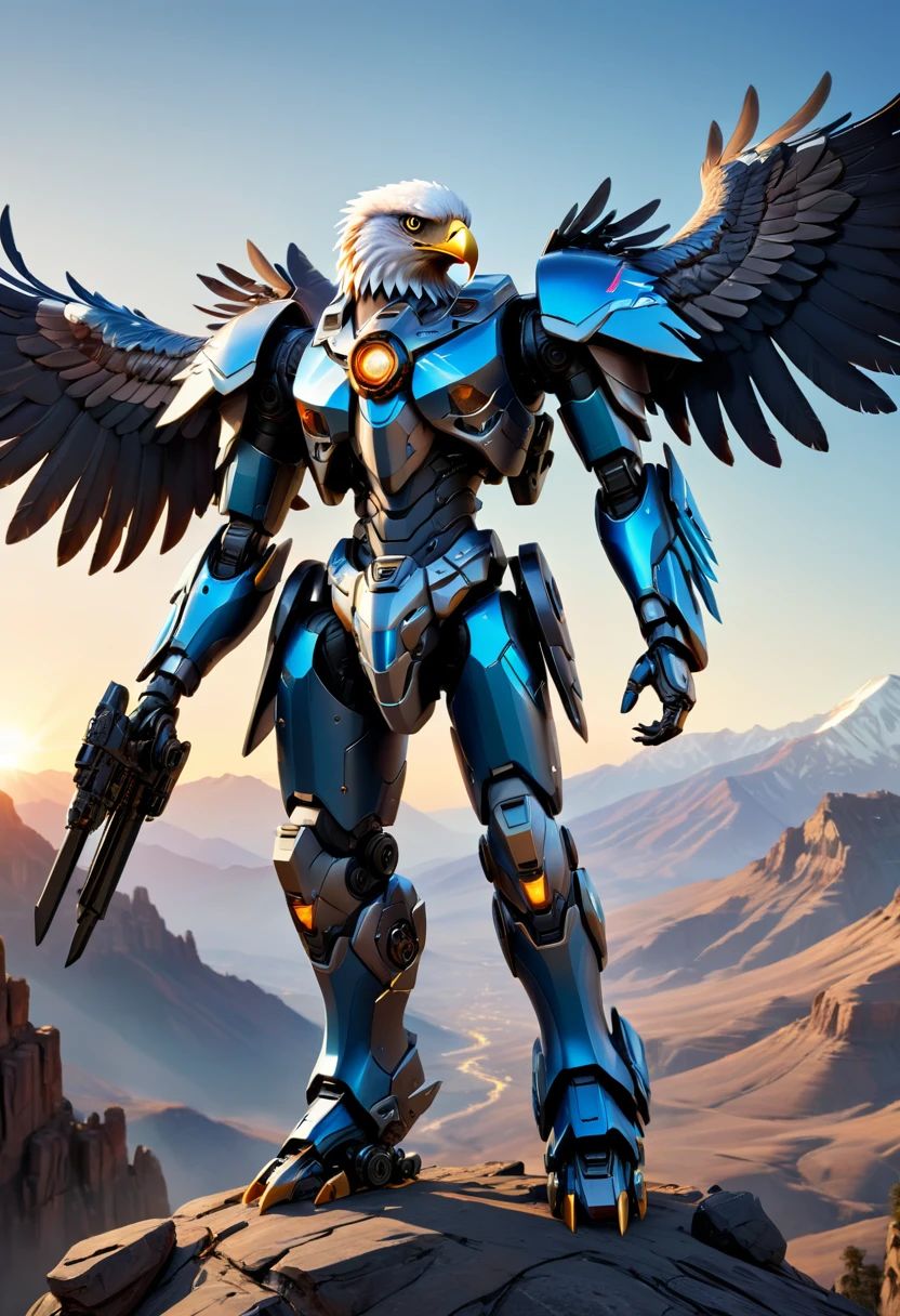 **Image Prompt:** "A futuristic Apache warrior, clad in a sleek mecha suit, stands proudly on a mountain cliffside, with a majestic eagle drone perched on his shoulder. The mecha's metallic body is adorned with intricate details and glowing blue accents, while the eagle drone's wings are spread wide, as if ready to take flight. The background is a stunning mountain range, with rugged peaks and valleys stretching out as far as the eye can see. The lighting is dramatic, with the warm glow of the setting sun casting long shadows across the landscape. The bokeh effect is subtle, with a soft focus on the mecha and the eagle drone, while the background is blurred, creating a sense of depth and dimensionality. The overall effect is one of hyper-realism, with every detail meticulously rendered in high-definition." **Image Specifications:** * Resolution: 3840x2160 pixels (4K) * Color Palette: Metallic blues and silvers, with warm earth tones and pops of bright colors from the mecha's details and the eagle drone's feathers * Style: Hyper-realistic, futuristic, and dramatic * Composition: The Apache warrior is centered in the frame, with the mountain cliffside stretching out behind him * Lighting: Dramatic, with a focus on the warm glow of the setting sun * Mood: Powerful, majestic, and awe-inspiring * Camera: DSLR camera with a wide-angle lens, capturing the stunning vista of the mountain range in the background This image prompt combines the rich cultural heritage of the Apache people with the futuristic design of a mecha suit and the majestic beauty of an eagle drone. The result is a hyper-realistic image that is both visually stunning and emotionally impactful.