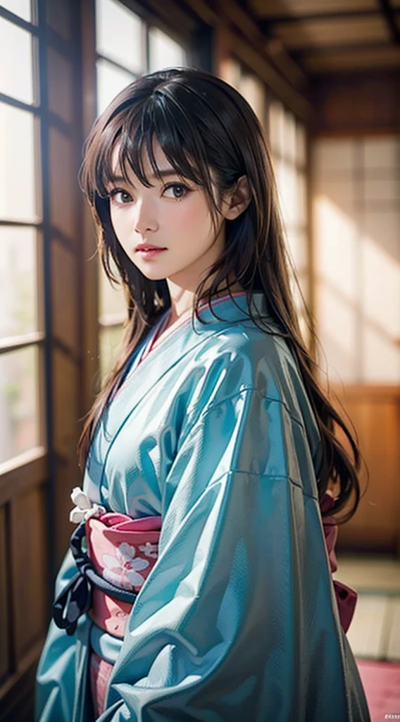 (Realistic)、(Realistic:1.2)、(High resolution)、Very detailed、Very beautiful face and eyes、1 girl、Delicate body、(highest quality、Attention to detail、Rich skin detail)、(highest quality、8k、Oil paint:1.2)、Very detailed、(Realistic、Realistic:1.37)、Bright colors、Full Body Shot,black_hair, Beautiful 8k eyes,Looking_in_Audience,One person in,Are standing,((Very beautiful woman, Fuller lips, Japanese pintern kimono))、((Colorful Japanese kimono)))、(((blackhair)))、(((Blunt bung,long straight hair)))、((( Inside an old Japanese house with a (short focus :1.4),)))、(masterpiece, highest quality, highest quality, Official Art, beautifully、aesthetic:1.2),(Fractal Art:1.3),Sengoku period、Greg Rutkowski Written by Alphonse Mucha Ropp,short ,uchikake,nishijin ori,(realistic light and shadow), (real and delicate background),(muted colors, dim colors, soothing tones:1.3), low saturation, (hyperdetailed:1.2), (noir:0.4),drow,blurry_light_background, (vibrant color:1.2), cinematic lighting, ambient lighting,Single Shot,Shallow Focus,pink lip,blurry light background,