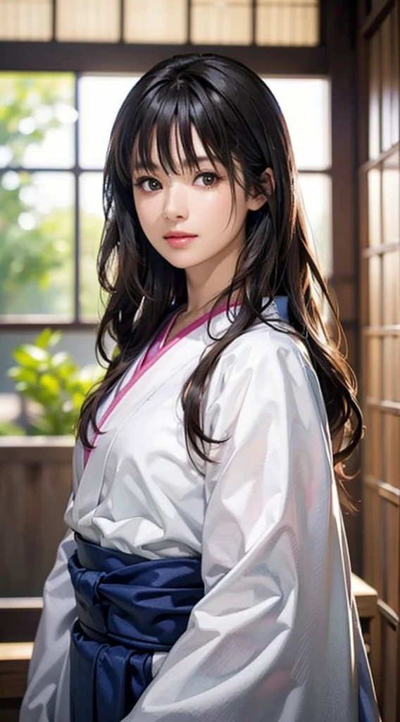 (Realistic)、(Realistic:1.2)、(High resolution)、Very detailed、Very beautiful face and eyes、1 girl、Delicate body、(highest quality、Attention to detail、Rich skin detail)、(highest quality、8k、Oil paint:1.2)、Very detailed、(Realistic、Realistic:1.37)、Bright colors、Full Body Shot,black_hair, Beautiful 8k eyes,Looking_in_Audience,One person in,Are standing,((Very beautiful woman, Fuller lips, Japanese pintern kimono))、((Colorful Japanese kimono)))、(((blackhair)))、(((Blunt bung,long straight hair)))、((( Inside an old Japanese house with a (short focus :1.4),)))、(masterpiece, highest quality, highest quality, Official Art, beautifully、aesthetic:1.2),(Fractal Art:1.3),Sengoku period、Greg Rutkowski Written by Alphonse Mucha Ropp,short ,uchikake,nishijin ori,(realistic light and shadow), (real and delicate background),(muted colors, dim colors, soothing tones:1.3), low saturation, (hyperdetailed:1.2), (noir:0.4),drow,blurry_light_background, (vibrant color:1.2), cinematic lighting, ambient lighting,Single Shot,Shallow Focus,pink lip,blurry light background,