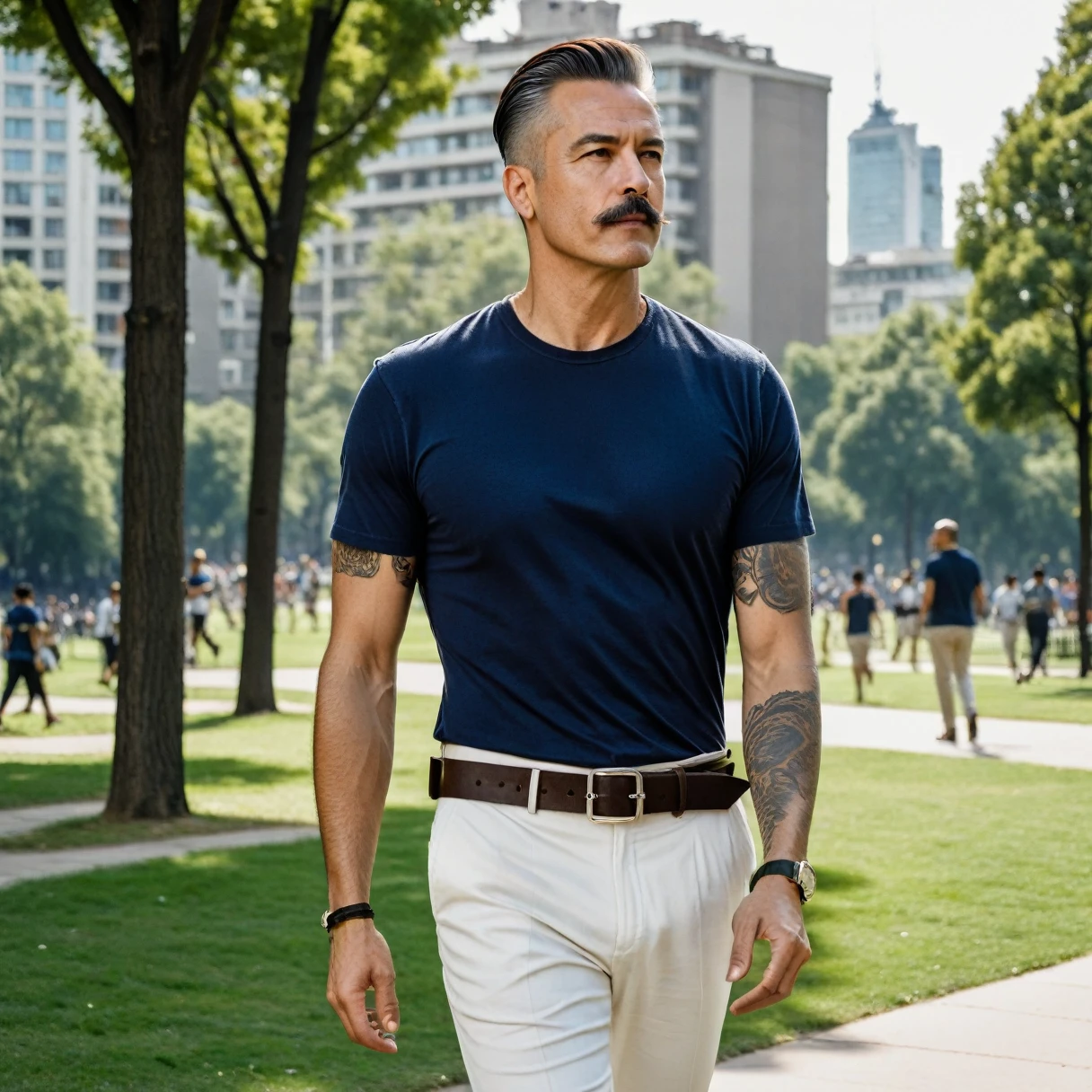 photorealistic, cinematic, raw photo, low angle shot, man, mature, dark brown hair, side part hairstyle with shaved sides, thin mustache, tattoos on head, wearing navy blue T-shirt with whire stripes, white high rise trousers, dark brown suede belt, walking in park of city, summer, sunny, happy