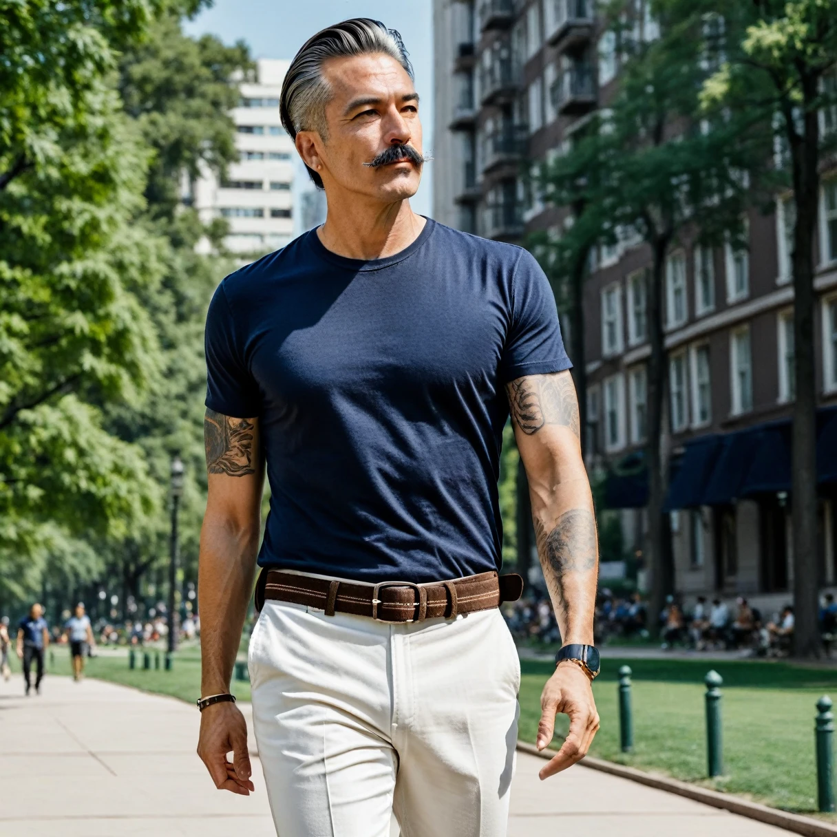 photorealistic, cinematic, raw photo, low angle shot, man, mature, dark brown hair, side part hairstyle with shaved sides, thin mustache, tattoos on head, wearing navy blue T-shirt with whire stripes, white high rise trousers, dark brown suede belt, walking in park of city, summer, sunny, happy