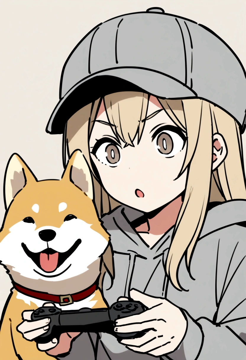 Wolf Hair、Big eyes、Long eyeliner、I like Shiba Inu, Cat, Have a game controller.、He is wearing a gray hoodie and a gray hat...Beige long hair。