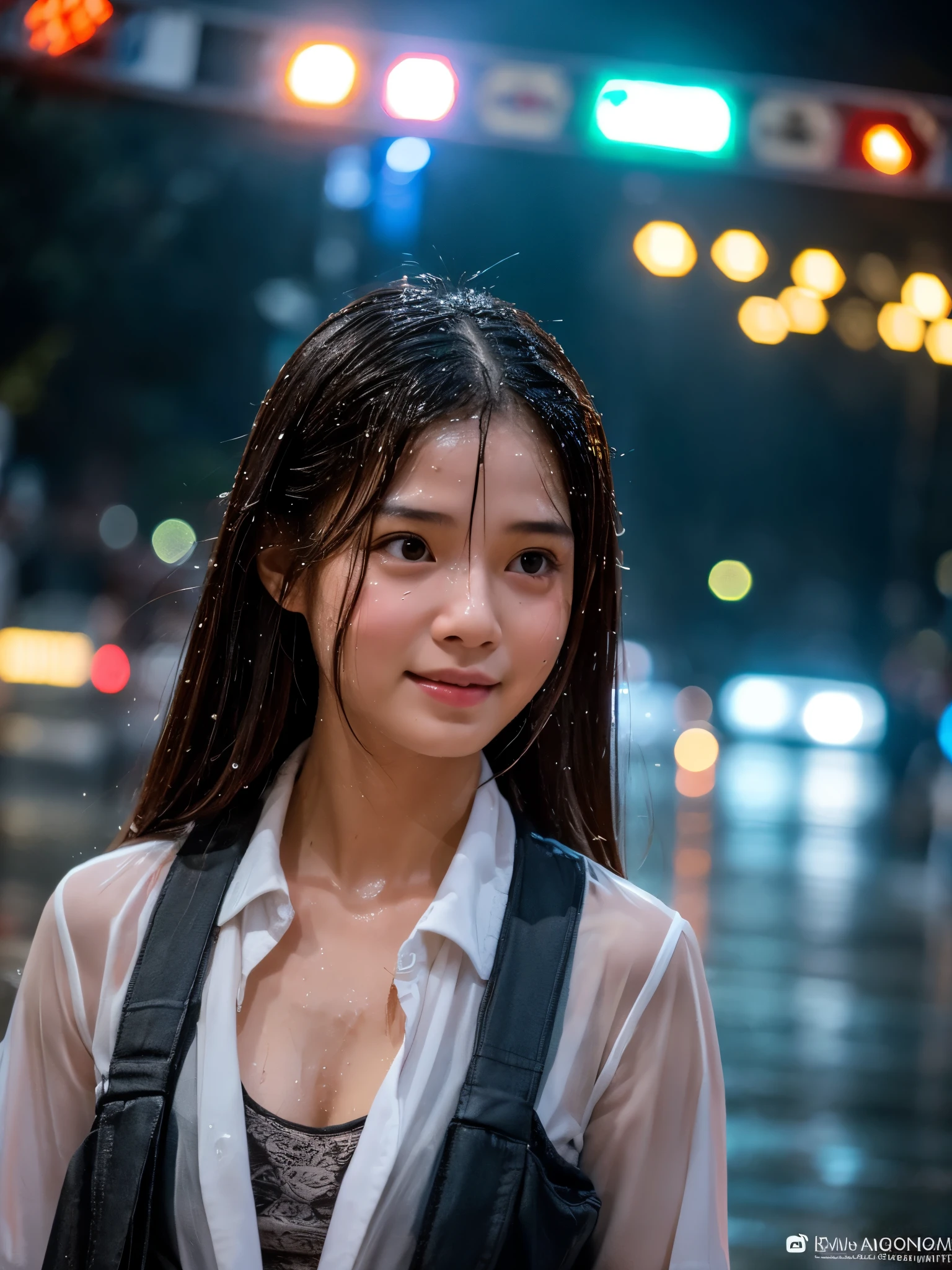 songkran,Wet roads , soaked through,drenched, Dripping, Wet Face,Wet clothes, Wet Skin, Wet Hair,A young woman with a cute face like an idol,chest,((Daytime)),(Cinema lighting),(High level of artistry),RAW Photos,Genuine,Genuine,High resolution,RAW Photos,masterpiece, beautiful