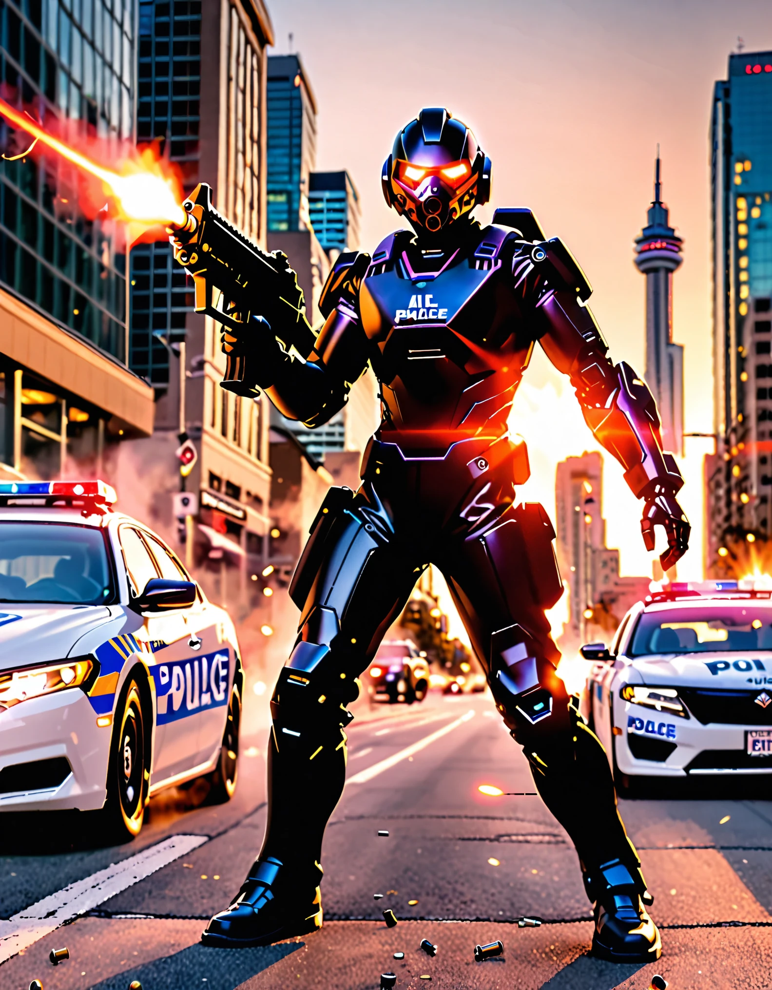 (masterpiece), (best quality), (hires), 1boy, male focus, solo focus, mature adult, age 30, canadian police officer, cyborg, muscular, (jet black cybernetic battle suit, (glowing blue circle on chest)), (black hair, dark purple eyes), (in front of a police car riddled with bullets), toronto city street backdrop, cowboy shot, sunset, excited look, ready for battle, front view, ((robot right arm, using machine gun with one hand, muzzle flash, shell casings originating from machine gun)), full body with costume.