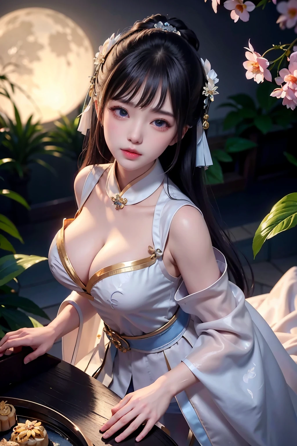 a princess 8 yeald old cute Hanfu dynasty open V-chested clothes royal, All pictures, Wet body of thin silk fabric, Thin silk lace petticoat,princess 8 yeald old cute, (huge ,cleavage),petticoat, white pink, blue ,best qualtiy,tmasterpiece,Ultra-high resolution,(Reality:1.4),RAW photogr,(True skin texture:1.3),(filmgrain:1.3),(Selfie angle),1个Giant Breast Girl,Beautiful eye and face details,tmasterpiece,Best quality at best,exposing thighs,Bigchest,The chest is more exposed, detailed hair,above looking down facing at camera,short dressPrincess Eyes,Super big eyes,Detailed face,shiny pupils, dress pink (a garden,moon palace,Chang'e,mooncakes)