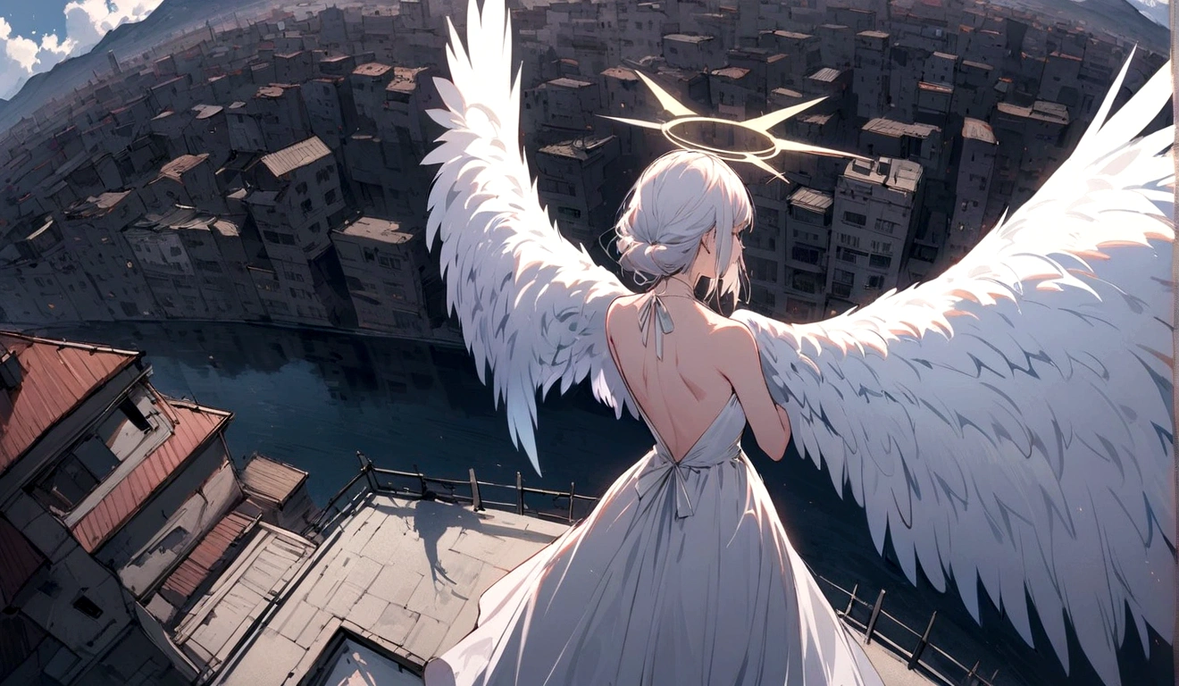
One (Back view:1.5) A very beautiful female angel\(Long platinum hair, wide back white dress,(From her chest hangs big, beautiful angel wings.),Very beautiful shining halo\), She has her arms wide open as if asking for help., She&#39;s on the clouds、Looking down at the world below, Fierce war\((Lots of sparks and fire), fail, Fighter, Many buildings collapsed, Nature is destroyed, Magnificent and spectacular views\) It&#39;s happening under the clouds, BREOneK ,quality\(8K,非常に精細なCGユニットのwallpaper, masterpiece,High resolution,top-quality,top-quality real texture skin,Surreal,Increase the resolution,ROneW photos,最高quality,Very detailed,wallpaper,Cinema Lighting,Ray-tracing,Golden Ratio\),[Browsing Caution],Dynamic Angle,[Browsing Caution],From above