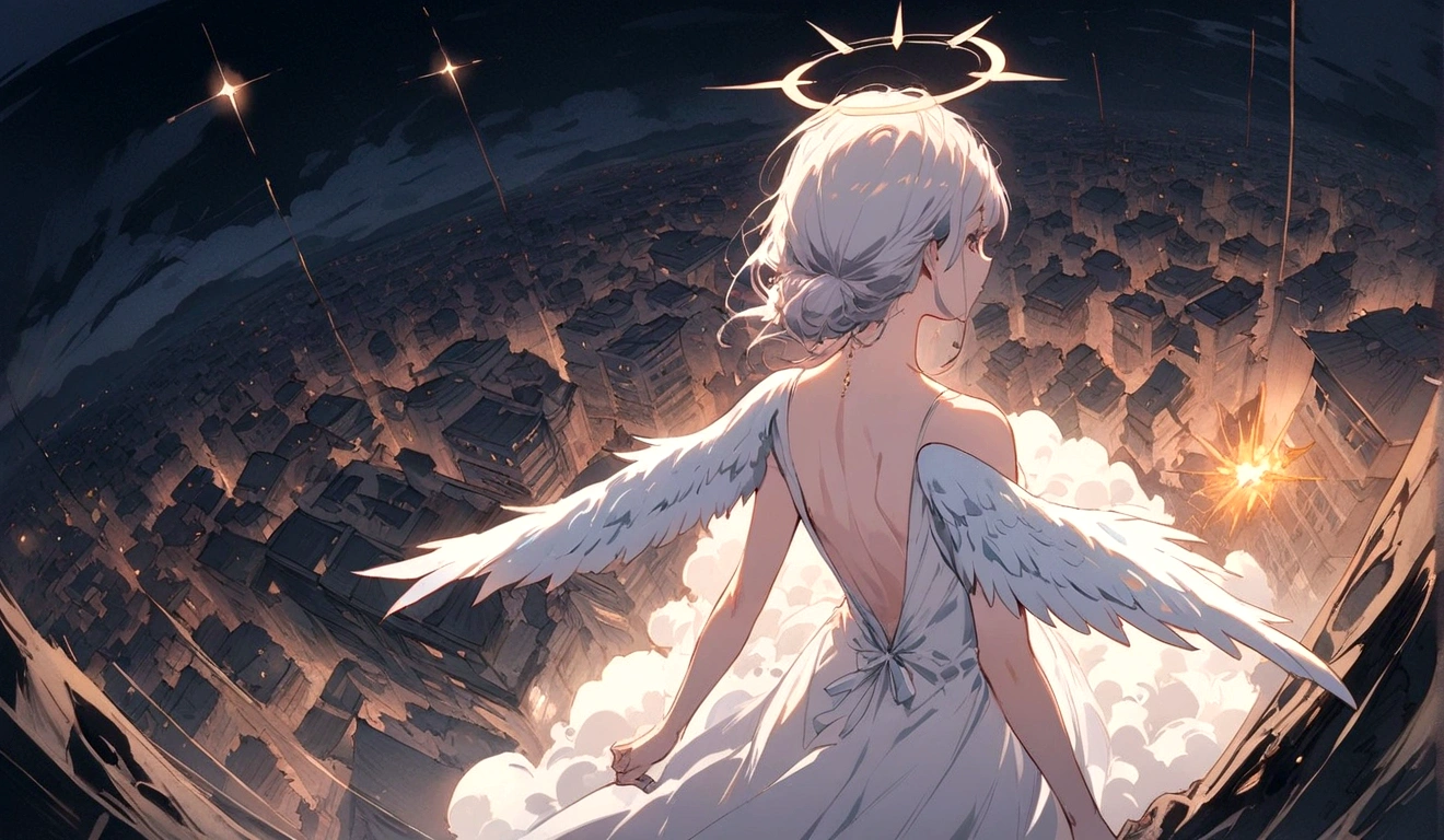 
One (Back view:1.5) A very beautiful female angel\(Long platinum hair, wide back white dress,(From her chest hangs big, beautiful angel wings.),Very beautiful shining halo\), She has her arms wide open as if asking for help., She&#39;s on the clouds、Looking down at the world below, Fierce war\((Lots of sparks and fire), fail, Fighter, Many buildings collapsed, Nature is destroyed, Magnificent and spectacular views\) It&#39;s happening under the clouds, BREOneK ,quality\(8K,非常に精細なCGユニットのwallpaper, masterpiece,High resolution,top-quality,top-quality real texture skin,Surreal,Increase the resolution,ROneW photos,最高quality,Very detailed,wallpaper,Cinema Lighting,Ray-tracing,Golden Ratio\),[Browsing Caution],Dynamic Angle,[Browsing Caution],From above