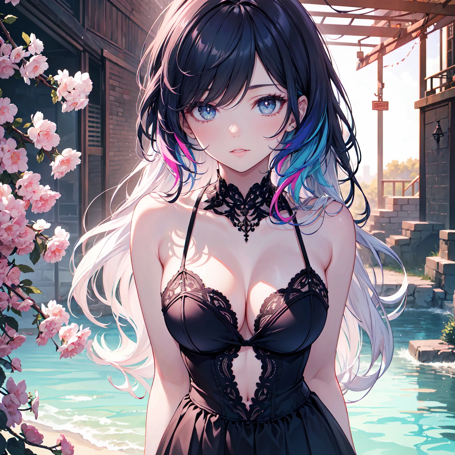 a woman with colorful hair in a beautiful spring dress, outdoor, on a magazine cover, wearing a transparent short skirt, spaghetti straps, sheer fabric, wide hips, slim waist, smooth and delicate skin, (best quality,4k,8k,highres,masterpiece:1.2),ultra-detailed,(realistic,photorealistic),detailed eyes,detailed lips,extremely detailed eyes and face,long eyelashes,intricate details,beautiful fashion,vibrant colors,natural lighting,cinematic,editorial style