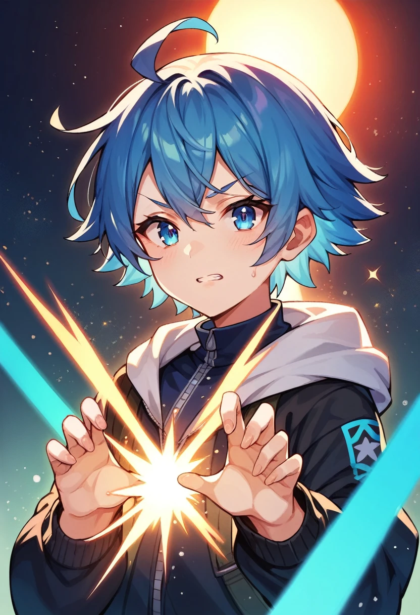 a girl with pale sky blue hair, sparkling blue eyes, blasting bright blue energy beam from her hands, laser beams, stars