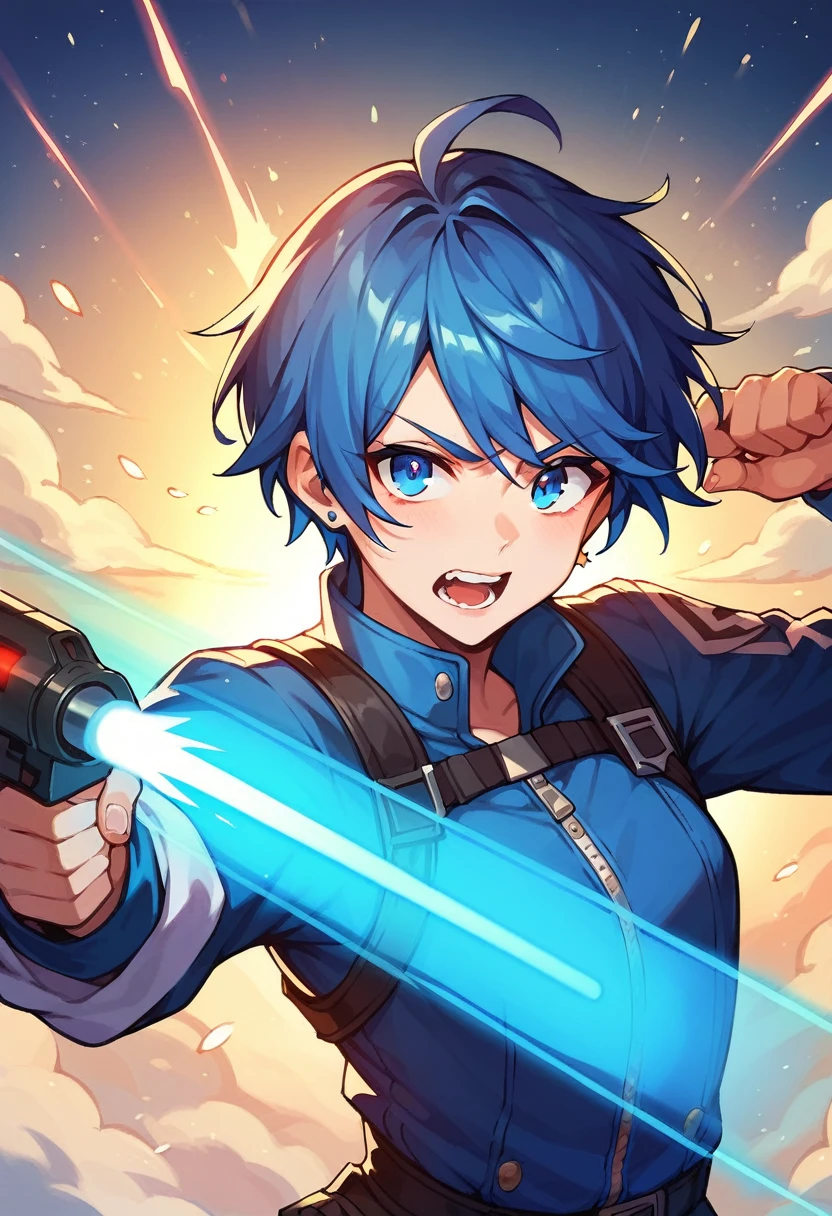 a girl with pale sky blue hair, sparkling blue eyes, blasting bright blue energy beam from her hands, laser beams, stars