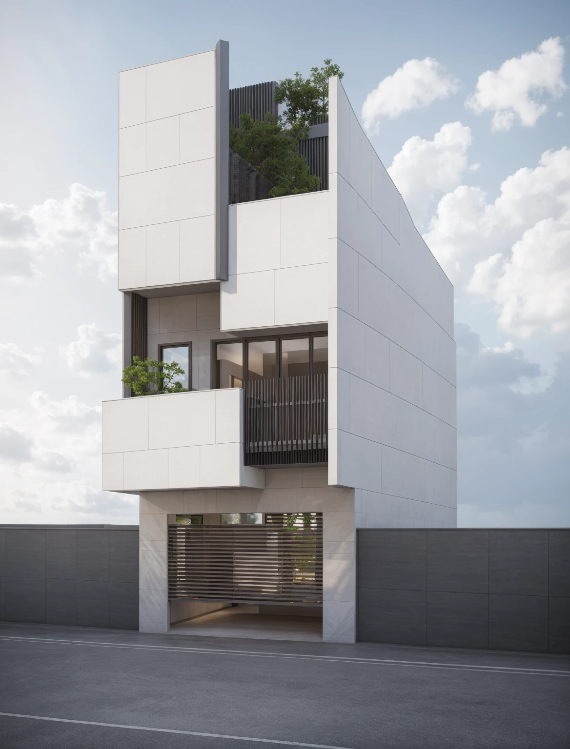 RAW photo, Exterior of two story white modern house, road, ((sidewalk)), ((sidewalk trees)), residences area, day time, tropical trees and plants, (high detailed:1.2), 8k uhd, dslr, soft lighting, high quality, film grain, Fujifilm XT3)