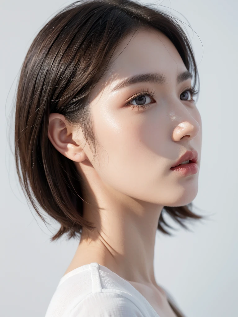 1 Girl, (masterpiece:1.3), (4K, born, Sharp focus, delicate, Beautiful composition, 最high quality,) (Realistic:1.4), high quality, Very detailed,((profile:1.3))、big ears、(Realistic skin), (Intricate details), (Latex Surface:0.4), (Fine skin:1.Perfect glowing skin:0.6), (Beautiful Eyes), Round eyes, Beautiful Face,)、(White casual summer clothes:1.2)、(The simplest pure white background:1.3)、(Portrait with space:1.3)、((short hair:1.1))、High Nose Bridge, Sparkling Eyes, Perfectly balanced face, Realistic skin hydration,Twenty year old girl,  Brown Hair, Dark blue eyes, Realistic skin texture,Realistic lighting、Big Natural Color Lip、Lip gloss,Harajuku、cute、