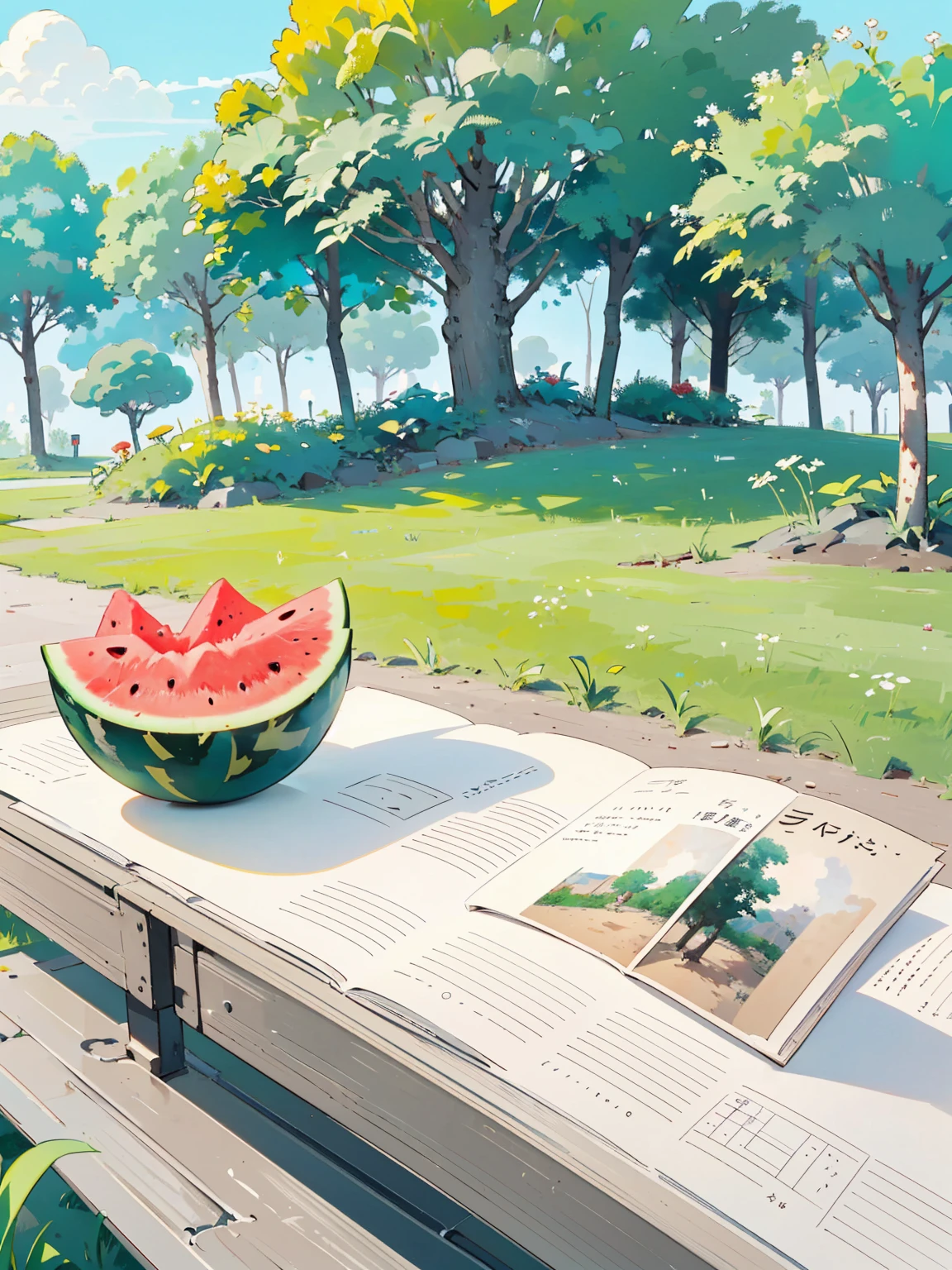 Anime Background, Ghibli background style, The art of math、Yuru Chara Style、Cute storybook illustrations，Close-up dining table，There is a slice of watermelon on the table，A glass of soft drink，柔和light, cream, Giorgio Morandi colors, Thick Line Graph, Full color illustrations, Picnic in the forest, Cover Illustration, landscape，plant， Natural Style, (light:1.0)，masterpiece，Best quality,
