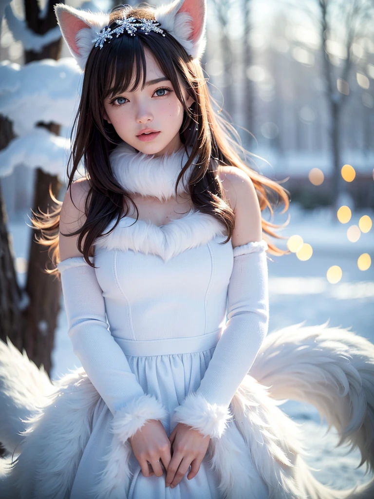(raw photo:1.2), (photorealistic:1.4), (best quality:1.4), (ultra highres:1.2), (highly detailed:1.3), (HDR:1.2), (cinematic lighting:1.3), (detailed eyes), (facial details), (fur details), (snowy:1.2). ), Cute Little Fox, Standing, (3/4 Portrait: 1.2), (Furry Tail: 1.2), (Soft Fur: 1.2), (Moe: 1.2), (Looking at the Audience), (Innocent Expression), (Soft Light), (Dreamy), (Dream: 1.3), (Ethereal: 1.3), (Magic: 1.2), (Snowflake: 1.2), (Winter Wonderland: 1.3), (Whimsical: 1.2), (Fun: 1.2), Bust, Solo