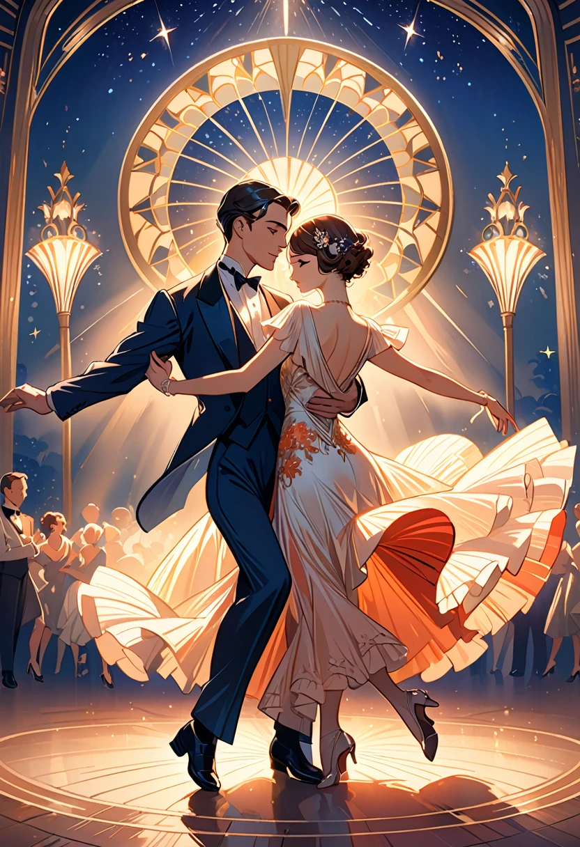 a man and woman dancing tango, art deco ballroom, 1920s, man facing forward, woman facing away from viewer, elegant dance, small stars are shining in the dark blue sky, detailed facial features, beautiful dress, formal attire, dramatic lighting, warm color palette, high-quality,