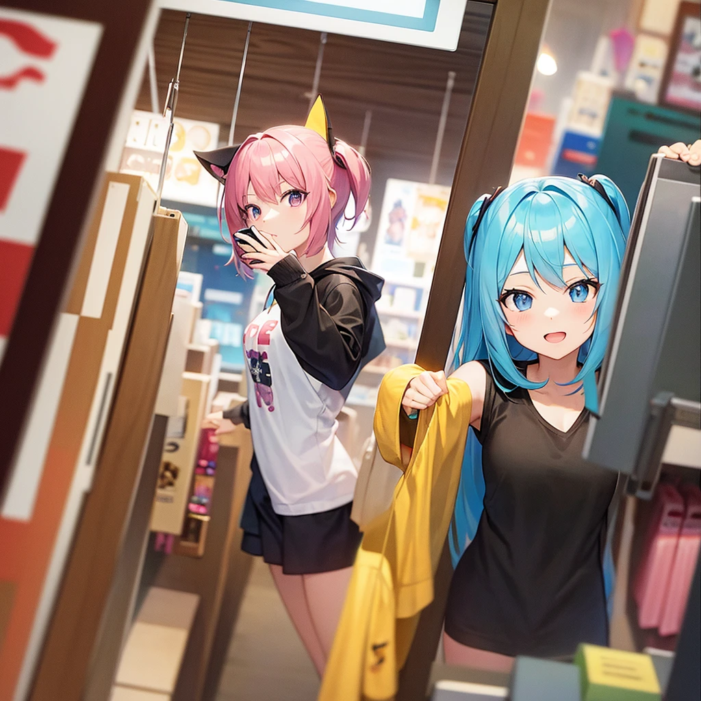 Fish eye filter An anime girl taking a selfie with a while in a store