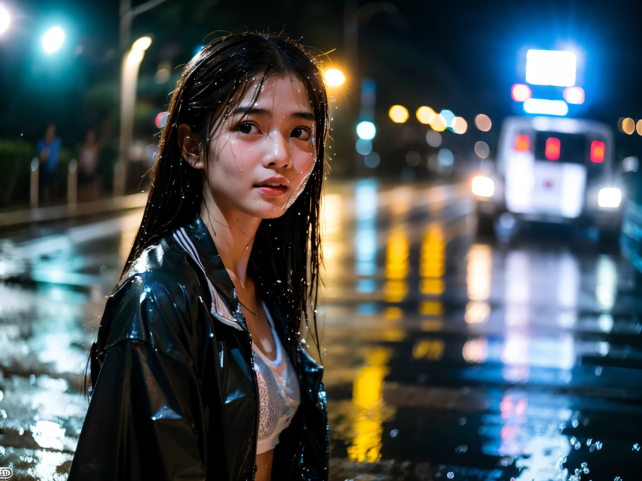 songkran,Wet roads , soaked through,drenched, Dripping, Wet Face,Wet clothes, Wet Skin, Wet Hair,A young woman with a cute face like an idol,chest,((Daytime)),(Cinema lighting),(High level of artistry),RAW Photos,Genuine,Genuine,High resolution,RAW Photos,masterpiece, beautiful