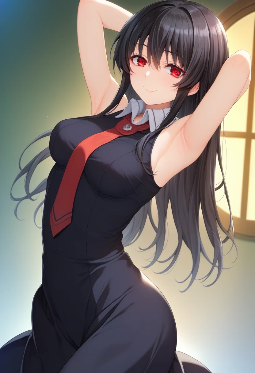 anime girl with long black hair and red eyes posing for a picture, seductive anime girl, anime girl wearing a black dress, anime moe artstyle, by Jin Homura, attractive anime girl, yandere. tall, anime style 4 k, smooth anime cg art, beautiful anime high school girl, gapmoe yandere, anime girl, **** in dress, yandere, armpits