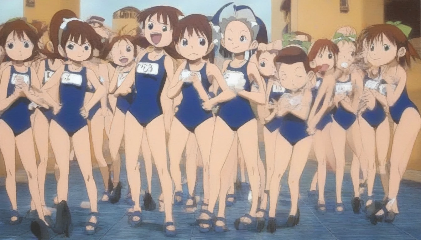 Short stature,flat chest,clone girls,extremely number of clone girls, blond hair, green eyes,roll(mega man classic),swimsuit roll(mega man x dive old design),high ponytail hair,Sleeveless navy one piece old type school swimsuit with white stripes from armpit to flank,white name tag, navy heeled sandals, green ribbon,human appearance,same height,same appearance, same face,fill the entire image, absolutely everyone, many clone, masterpiece, best quality,insanely detailed, 20000+ clone girls, perfect features,multiple clone girls,same school swimsuit,same hair,official art,girls only,extremely full of extremely crammed,huge crowd,densely packed,source_anime,rating_safe