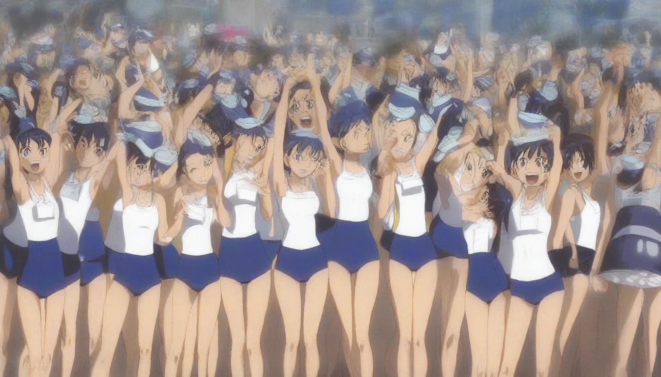 A large group thousand of clone short stature girls with flat chest in sleeveless navy school swimsuits and shoes, mastepiece, high detailed,same face, same appearance,horde of clones, dense crowd of clones, mass generation, draw a lot, huge crowd of clones,looking at the camera,same hair, same face, a lot, countless, horde of clones,best quality,absolutely everyone