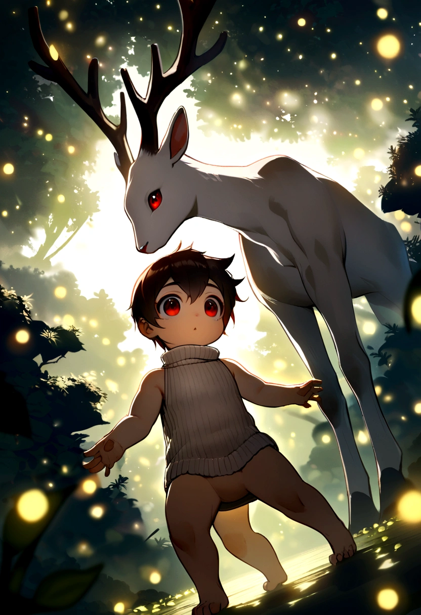 Surrounded by fireflies, Furry cub Shota deer boy, albino white deer, naked baggy turtle neck no sleeve sweater, red eyes, short mini height ddler, dynamic posture, dynamic angle, genius boy, fluffy,