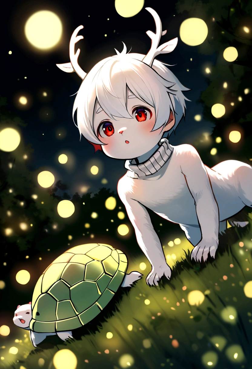 NSFW, Surrounded by fireflies, Furry cub Shota deer boy, albino white deer, naked baggy turtle neck no sleeve sweater, red eyes, short mini height toddler, dynamic posture, dynamic angle, genius boy, fluffy,