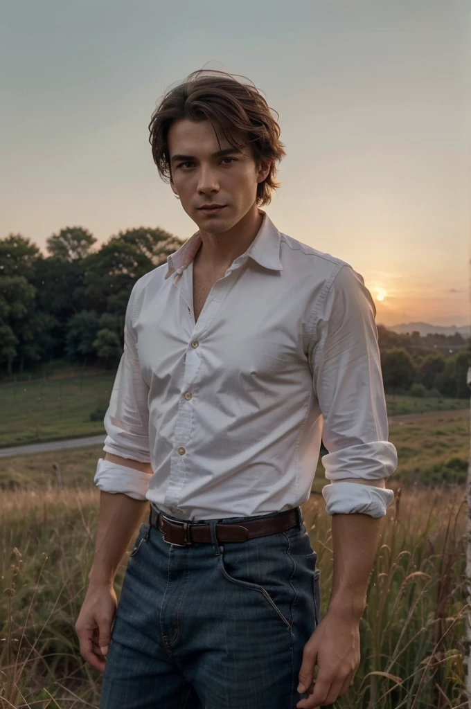 1boy, 17 years old, teenager, light brown hair, azure blue eyes, lakeshore, solo focus teenager face, white shirt, handsome, smiling, realistic, dynamic pose realistic, detailed and correct facial structure, LEON S. KENNEDY, handsome, extremely detailed, dynamic angle, cowboyshot, the most beautiful form, elegant, vivid colours, romanticism, by james jean, roby dwi antono, ross tran, francis bacon, michal mraz, adrian ghenie, petra cortright, gerhard richter, takato yamamoto, ashley wood, atmospheric
